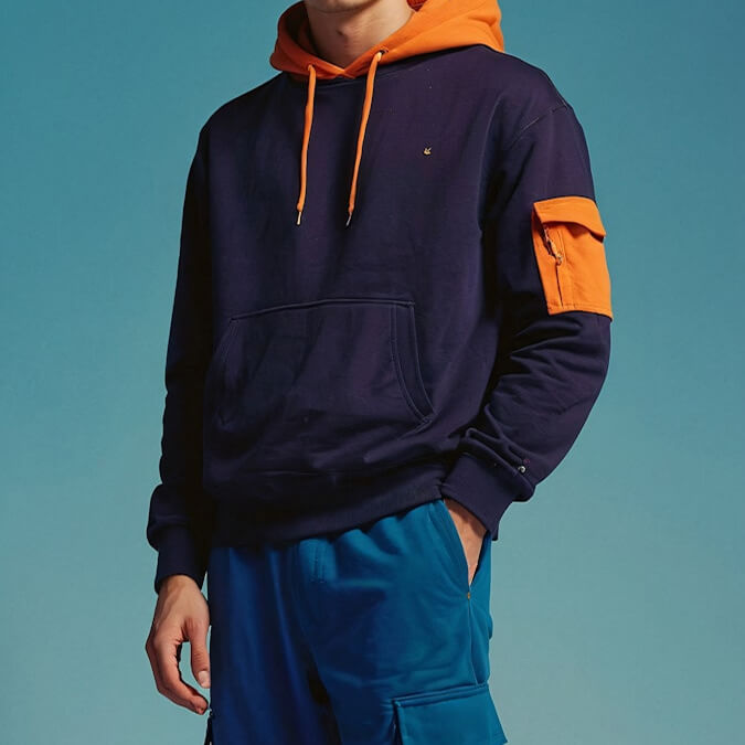 Young Man in Navy and Orange Hoodie DriftWear